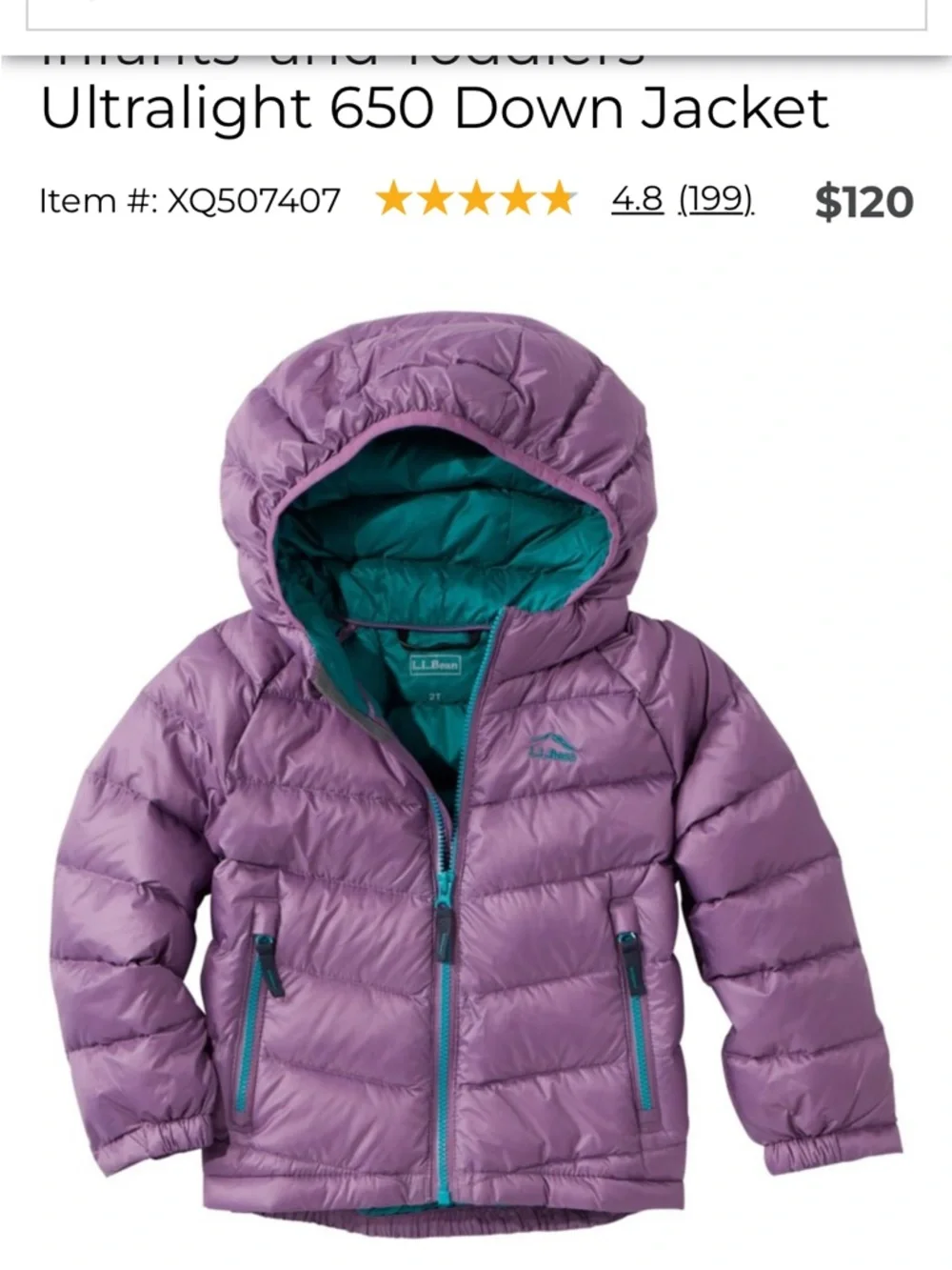 LL. Bean Infant Baby 12-18 Months Purple Ultralight 650 Down Jacket